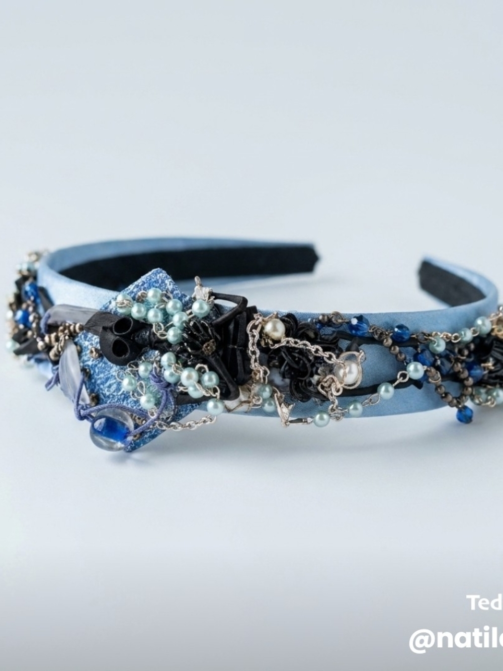 Handcrafted Blue Beaded Headband with Black Skeleton, Pearl & Chains